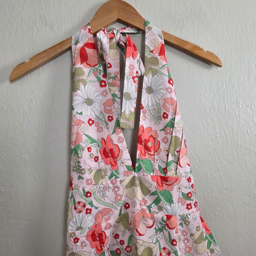 Clad & Cloth The Daisy Pink Floral Halter Open Back Retro Mini Dress Large NEW - Picture 4 of 13